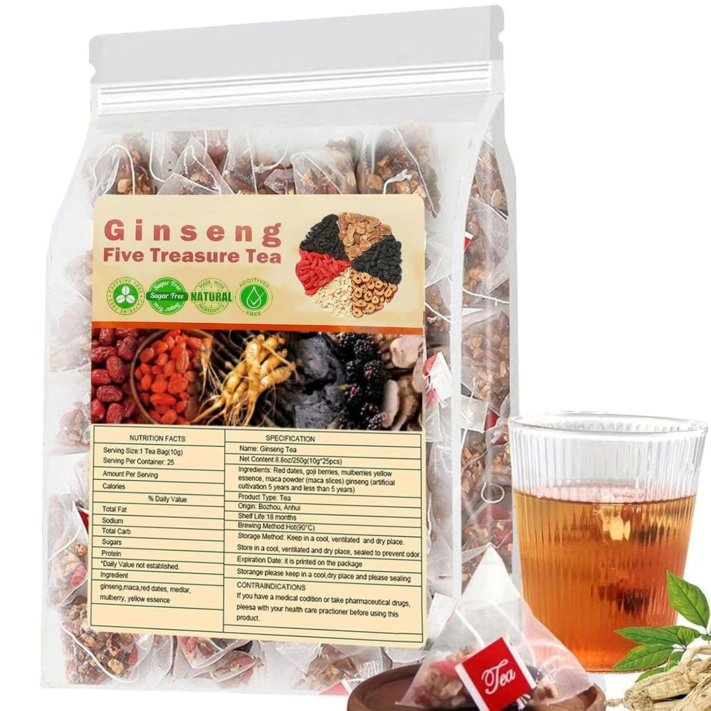 Ginseng Six Treasure Tea Kidney Tea, Natural Organic Kidney Tea Bags to Promote Kidney Health Balance Hormones, Improve Sleep Fatigue for Women & Men - No Additives